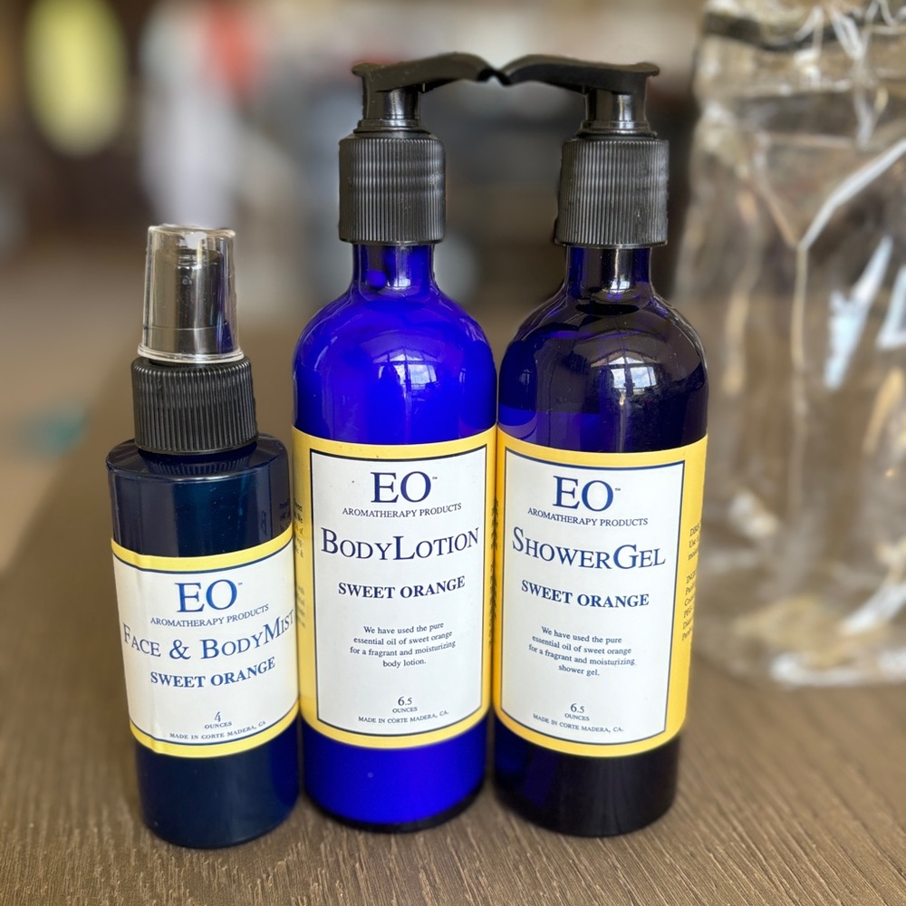 EO Essential Oils Sweet Orange face & body mist, lotion, shower gel set